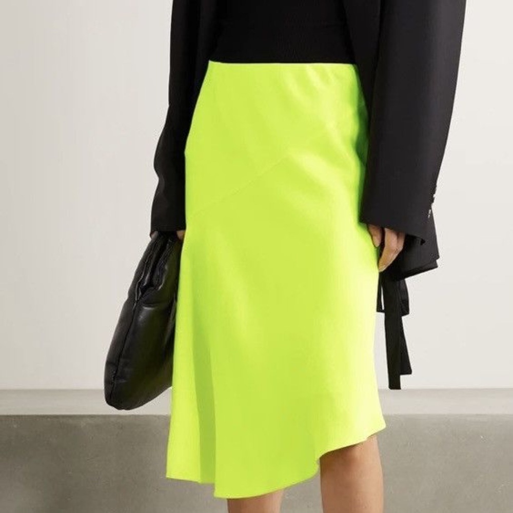 HELMUT LANG | LUXURY ASYMMETRIC WO GRUNGE/MODERN SATIN SKIRT NEON YELLOW | SIZE0 - Picture 2 of 12